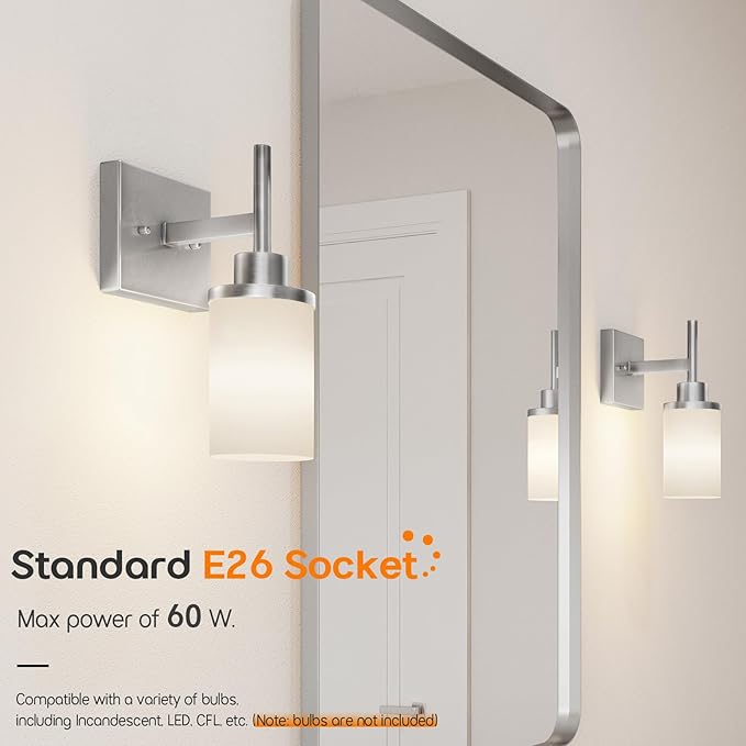AONEON Bathroom Light Fixtures Brushed Nickel Vanity Lights with White Frosted Glass Shade, Wall Lamp for Mirror Kitchen Bedroom Living Room Porch T001BR-L1