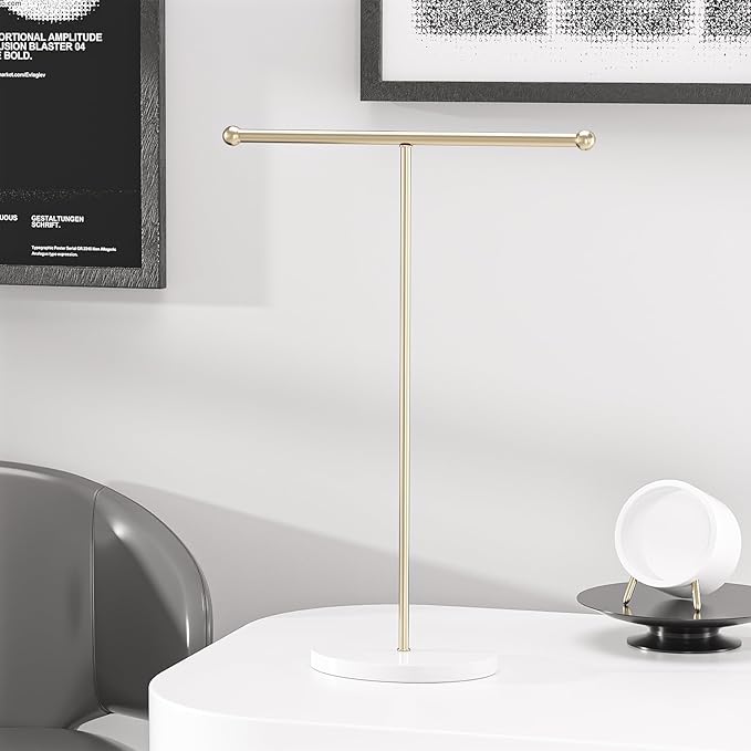 Justsoso Metal T-Bar Necklace Holder Stand, Necklace Hanging Display Stand, Tabletop Jewelry Organizer Stand for Necklace Bracelet Earring Display (Gold With Solid Acrylic Base)