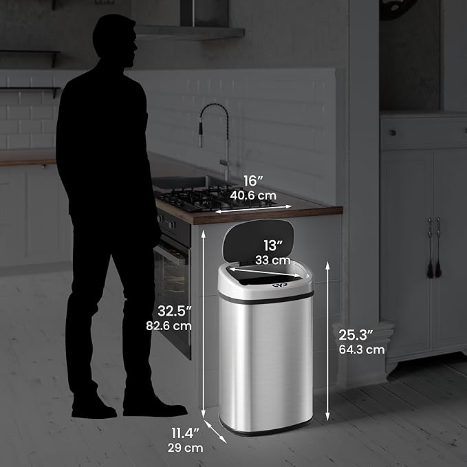 iTouchless 13 Gallon Oval Sensor Trash Can with Odor Filter, Automatic Motion Sensor Kitchen Bin, Soft-Close Stainless Steel, Slim Curved Wastebasket for Narrow Walkways & Islands, Matte Silver