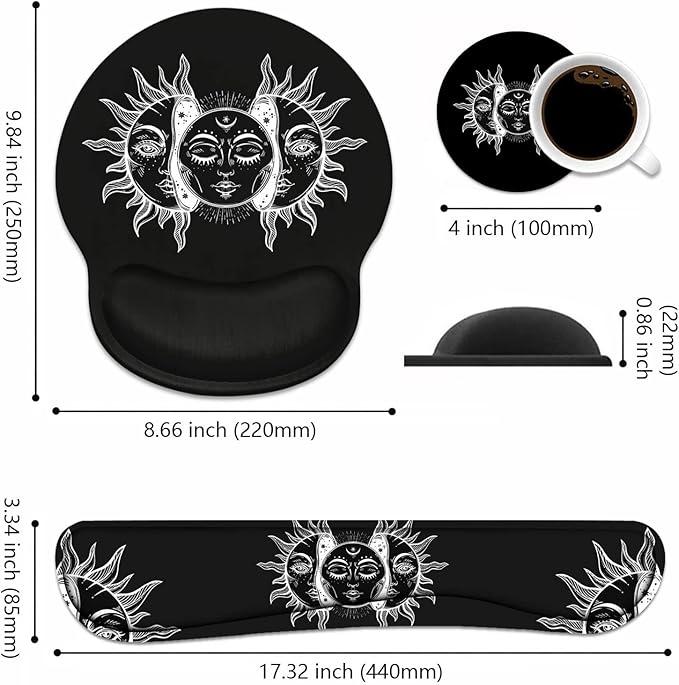 Keyboard Wrist Rest + Mouse Pad Wrist Support Set with Coasters, Moon and Sun with Many Fractal Faces Celestial Energy Mystic Art Wrist Mouse Pad with Non-Slip PU Base for Home Office Working Studying
