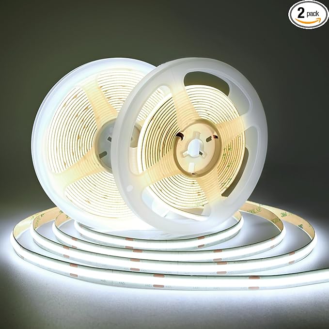 TUNICHX COB LED Strip Lights DC 12V LED Lights Flexible Super Bright LED Strips, 9W/m 2x16.4FT Cool White 6500K CRI 90+,480LEDs/m High Density Uniform Light for Home Room Decor
