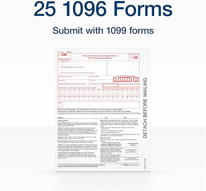Adams 1096 Forms 2025, 1-Part Summary Transmittal Forms for 25 Recipients, Compatible with Inkjet & Laser Printers, 25 Sets per Pack, IRS Compliant (1017226)