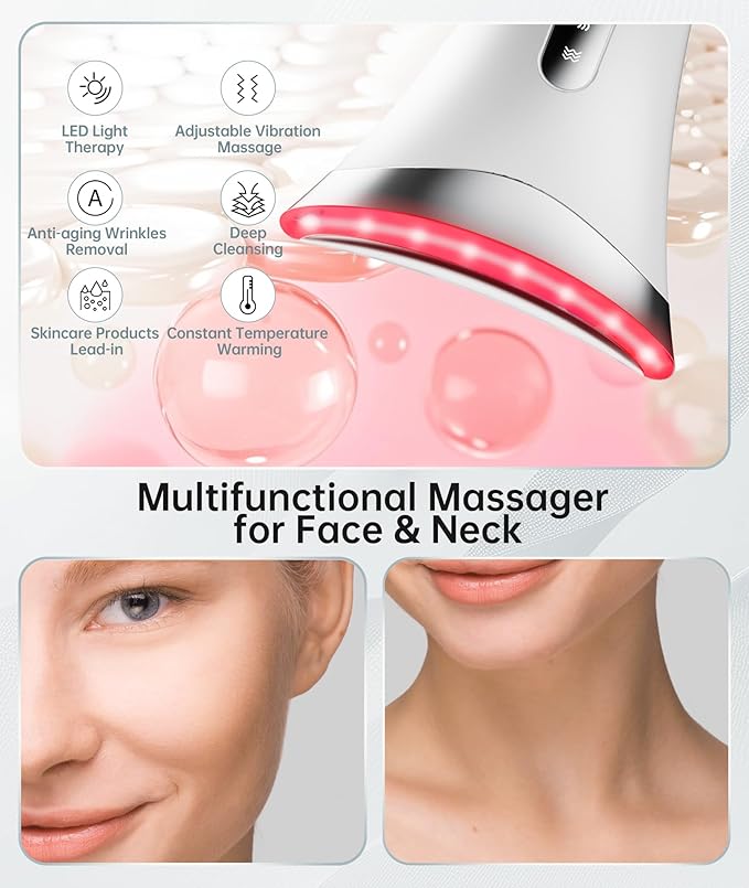 Dopsikn Red Light Therapy for Face and Neck, 7 Color Facial Massager with Adjustable Vibration and Thermals for Wrinkles, Double Chin, Portable Skin Care Tool with Base, White