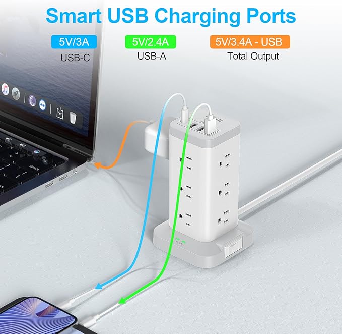 BEVA Power Strip Tower with USB Ports, 16 in 1 Surge Protector Tower, 12 AC and 4USB Ports, 10 FT Extension Cord with Multiple Outlets, Power Tower Charging Station for Office Supplies（White）
