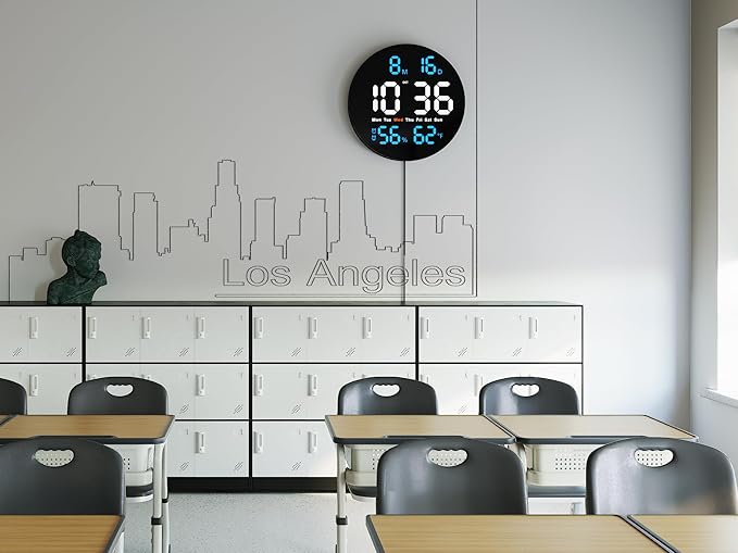 Brauthon Large Digital Clock for Classroom, Digital Classroom Clocks for Teachers, 10" Round LED Clock with Large Display，Date, Countdown Timer, Remote Control, Temperature, Electric (Blue)