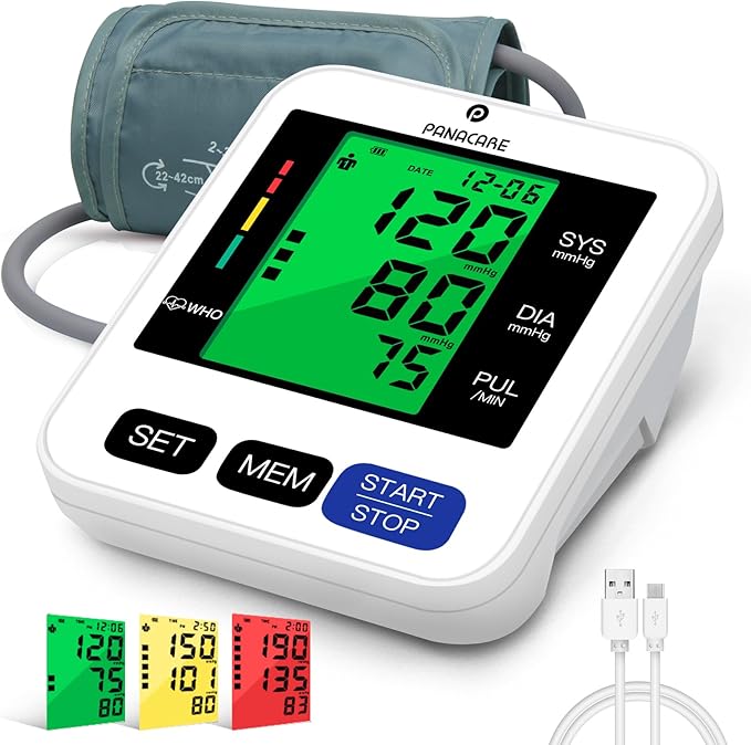 Panacare Blood Pressure Machine, Automatic Upper Arm Blood Pressure Monitor for Home use, 2x99 Readout and BP Cuff, 3.4" 3-Color Backlit Screen, Adjustable Large Cuff (8 to 16 inches), Black