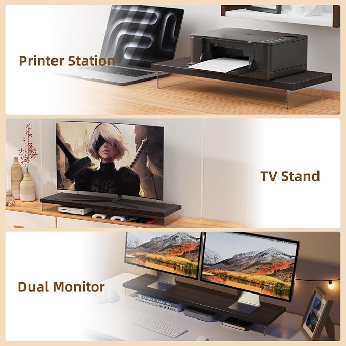 SSWOOD Monitor Stand Riser, Wood & Acrylic Computer Monitor Stand Desk Desktop Organizer Table For Home, Office Workspace, Laptop Riser, Printer, PC & TV Screen Riser