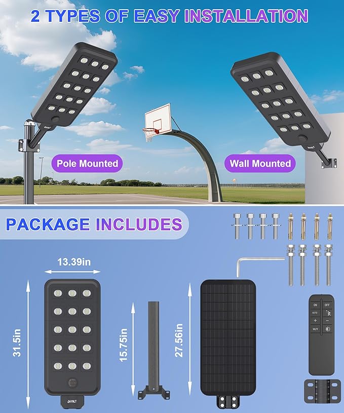 JAYNLT X-15000W Solar Street Lights Outdoor, Ultra-Large 6500K Commercial Parking Lot Lights Dusk to Dawn,IP67 Waterproof Solar Power Flood Security Light for Parking Lot,Garage