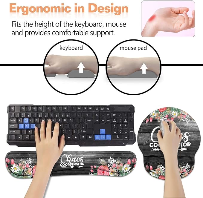 Keyboard Wrist Rest + Mouse Pad Wrist Support Set with Coasters, Chaos Coordinator Quotes Colored Floral Wreath Print Wrist Mouse Pad with Non-Slip PU Base for Home Office Working Studying