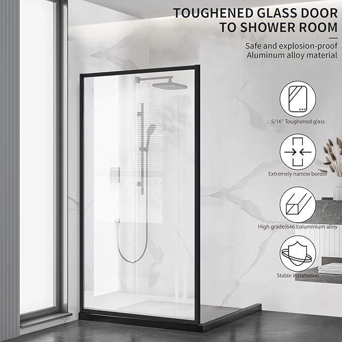 Shower Framed Glass Panel, 34" W x 74" H Shower Screen, 5/16" (8mm) Tempered Glass Shower Door, Fit for Walk-in Bathroom, Matte Black Fixed Shower Door