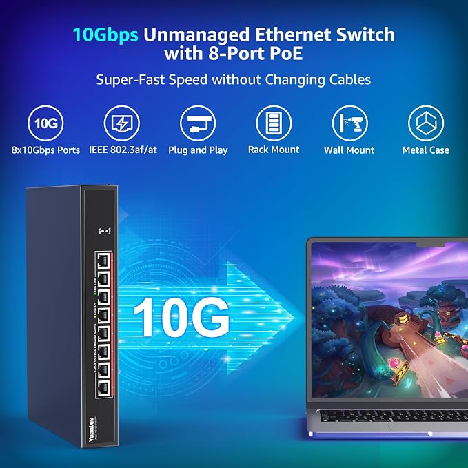 YuanLey 8 Port 10G PoE Switch Unmanaged, 8 x 10G Base-T PoE Ports, - Image 2