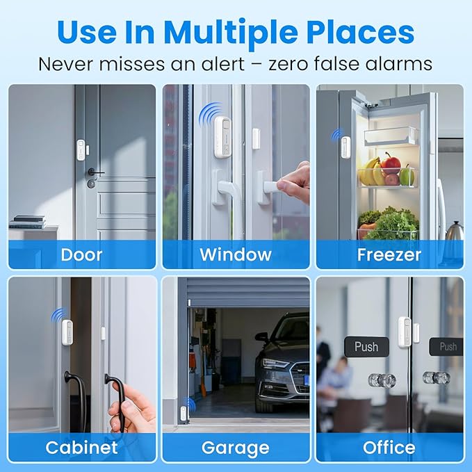 Sanjie Door Alarm with Instant and Delayed Alerts 30s/1min/2min/4min, Door Window Ajar Alarms for Kids Safety/Home Security, Volume 0-120dB, Left Open Alert for Freezer Fridge Home, 3 Sensor