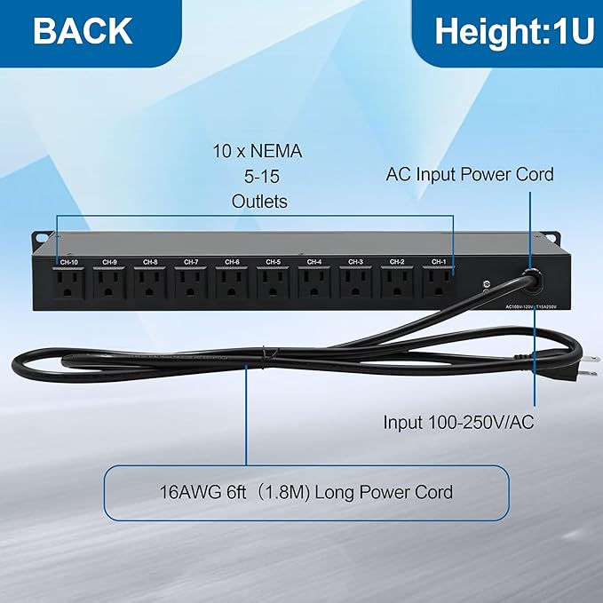 ThePoEstore 10-Outlet 1U Rack Mount Power Strip - Surge Protector, Features 10 Front Switches with LED Light - Ideal, w/ 6 ft Cord for Network Server Racks and Cabinets