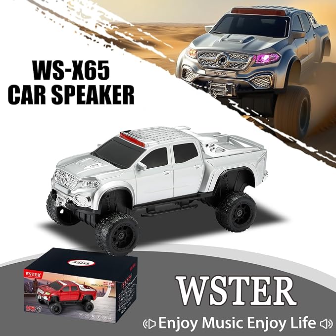 WSTER WS-X65 Pickup Truck Replica Bluetooth Speaker – HD Sound, FM Radio, TWS Stereo, LED Party Lights, USB/TF Playback, Built-in Mic – Cool Portable Car Design Speaker for Outdoors & Home (Silver)