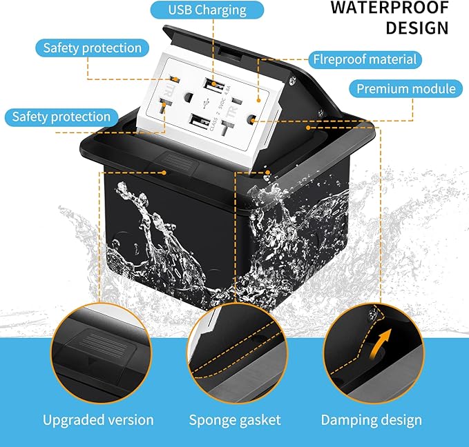 Vagueior Recessed Floor Electrical Outlet Kit,Waterproof Electrical Outlet Covcer Box,Hidden 4.8A USB+20A Tamper-Resistant Receptacle Outlet with Slow Elastic Damping ，ETL Certified,Black(1 Pack)