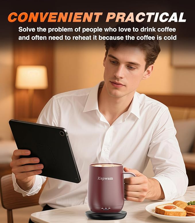 Kepwam Self Heating Coffee Mug T2, 16oz Smart Heated Coffee Mug, 150 Min Battery Life - Hot up to 149℉ Temperature Control Coffee Mug Warmer, Gifts for Dad Mom (No APP)