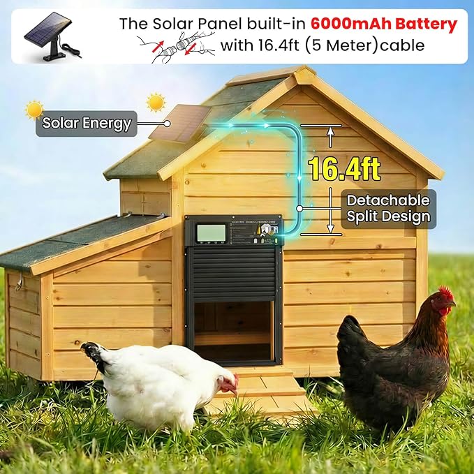 XRDZYXGS Automatic Chicken Coop Door Opener, Space-Saving Roll-up Design, 11.8" x 18.9" Aluminum Alloy Poultry Door for Ducks Geese, Solar Panel with Built-in 6000mAh Battery, Support USB-A Power