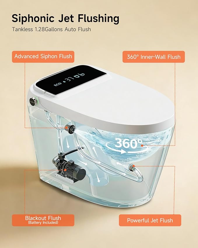 WANSID Smart Toilet with Bidet Built-in and Tankless, Auto Open/Close, Heated Seat, Instant Warm Water & Dryer, Foot Sensor Operation, Elongated One-Piece Modern Toilet for Bathroom, Digital Display