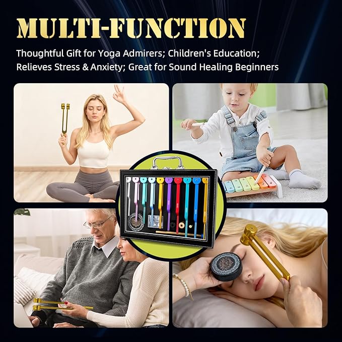 10 PCS Chakra Tuning Fork for Healing, Multi-Color Weighted Tuning Forks, Aluminum Alloy Tuning Forks with Activator & Feet (126.22-432Hz) for DNA Healing, Sound Therapy