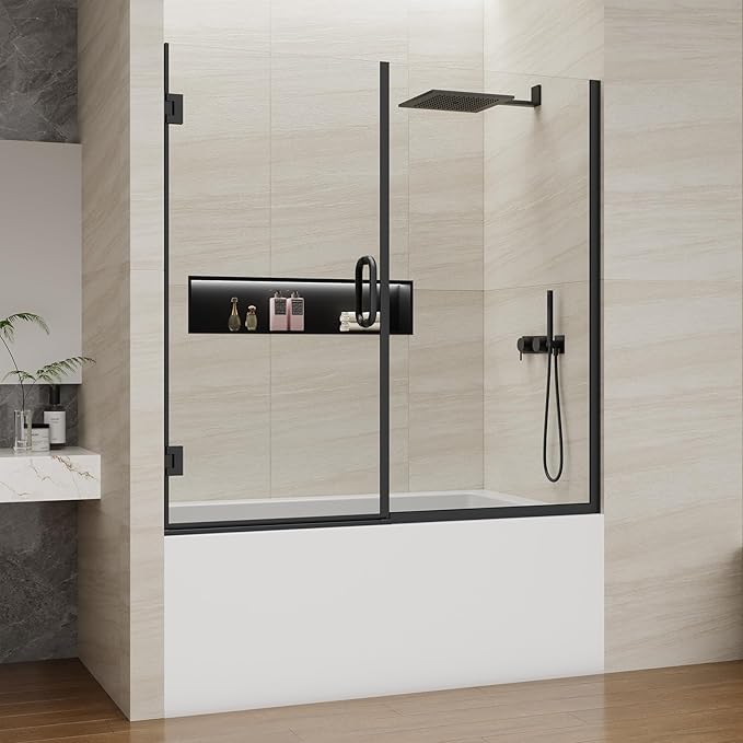 Pivot Swing Bathtub Door, Adjustable Width 60" W x 59" H Semi-Frameless Shower Glass Door with 5/16 in (8mm) Clear SGCC Tempered Glass with Nano Easy-Clean Coating (Matte Black)