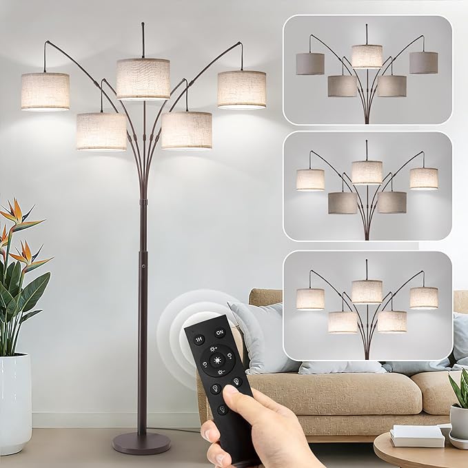 Fansdrick Dimmable Floor Lamp - Arc Floor Lamps for Living Room, 4000LM Super Bright Modern Tall Standing Lamp with Black Shades & Heavy Base, Mid Century Tree Floor Lamp for Bedroom Office