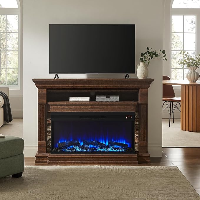 OKD 52 Inch Electric Fireplace with Mantel, Fireplace TV Stand with 36" 3-Sided Glass Electric Fireplace Heater for Living Room (Brown)