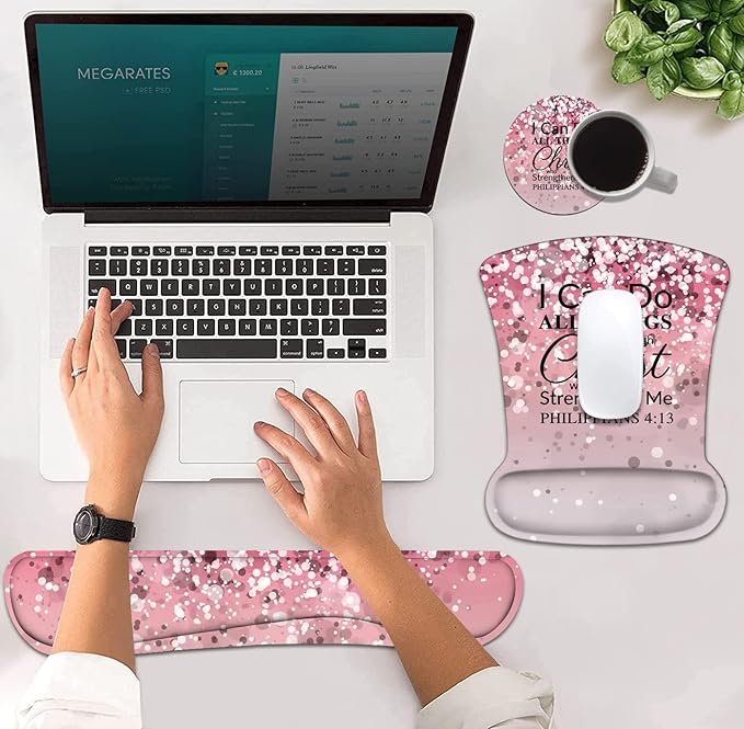 Ergonomic Mouse Pad Wrist Support and Keyboard Wrist Rest Set with Coasters, Non-Slip PU Base, Easy Typing & Pain Relief, Perfect for Home Office Working Studying, Bible Verse Philippians 4:13
