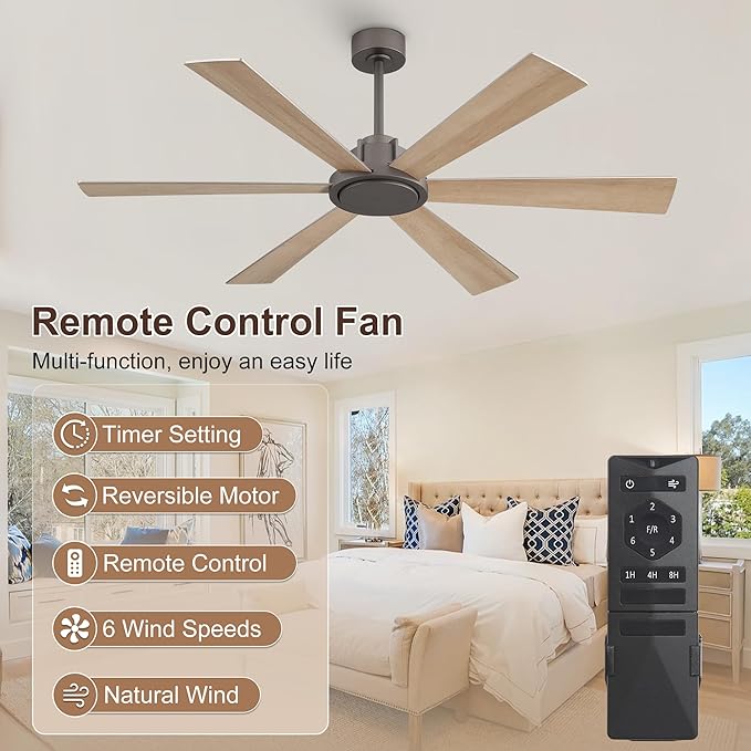 WINGBO 60 Inch Ceiling Fan without Light - 6 Plywood Blades, 6-Speed Reversible DC Motor, Noiseless Remote Control Ceiling Fan No Light for Bedroom Living Room Kitchen, Charcoal Gray and Wood/Black