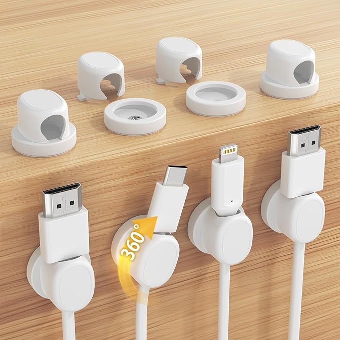 TIKIWIK Rotatable Cord Holder, Snap-Lock Cable Clips, 8 Pack Adhesive Cord Organizer, Phone Charger Wire Organizer Keeper for Nightstand Car Kitchen Office Accessory,White