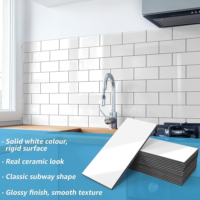 Art3d 102-Piece Peel and Stick Wall Tile for Kitchen Backsplash, Bathroom, Fireplace, 3in. × 6in. Stick on Subway Tile, Glossy White