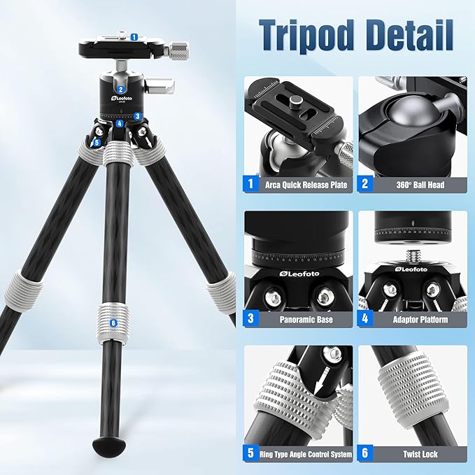 LEOFOTO Carbon Fiber Mini Table Tripod with Ball Head for Camera, Lightweight Desktop Tripod with Base, 1/4" Arca QR Plate for Phone Adaptor/Projector, Max Height 10.43", Max Load 11LB, MT-02C Plus