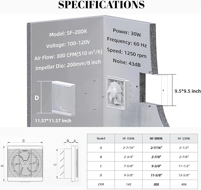 SAILFLO 8 Inch Window Shutter Exhaust Fan, 9.5 x 9.5 Inch Cutout, 300CFM 30W Wall-Mounted Ventilation Fan Air Intake Extractor for Bathroom Home Bedroom Attic, φ8 Inch Impeller