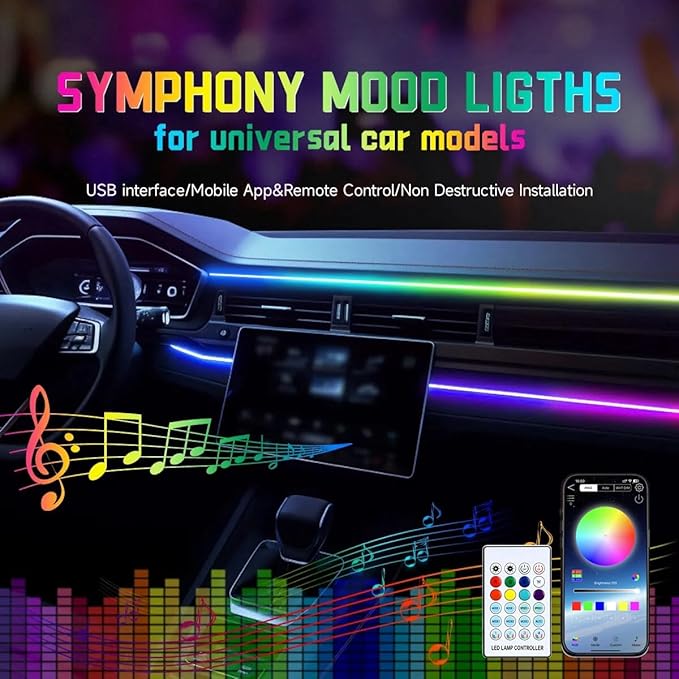 Goodream Interior Car Ambient Lighting Kit, 43.3 Inches RGB USB LED Ultrathin Acrylic Strip Lights Neon Accessories for Cars Truck SUV Center Console Dashboard with APP&Remote Control