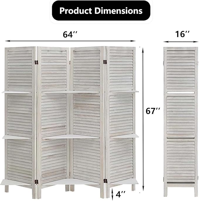 4 Panel Room Divider with Shelves, Room Dividers and Folding Privacy Screens, Folding Room Dividers 4 Panel, White Room Divider with 3 Display Shelves for Home Office (White)