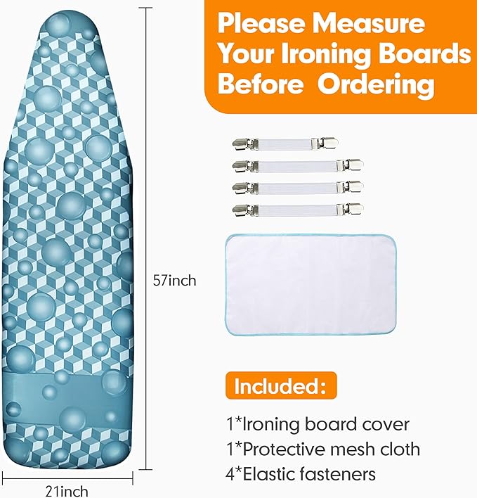 Ironing Board Cover and Pad, 21x54 Extra Large Thick Iron Padding, Scorch & Stain Resistant Ironing board cover, Heavy Duty Iron Board Padded with Adjustable Fasteners Elastic Edge, Aqua Blue