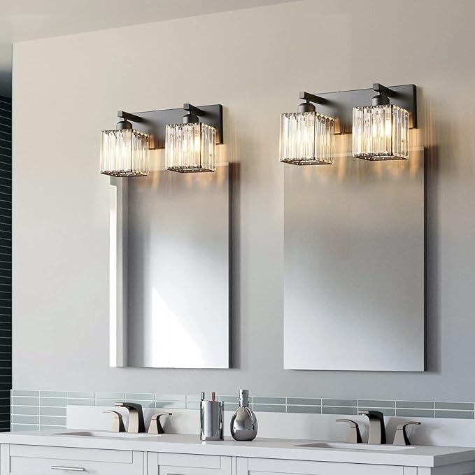 FDPBY Modern Bathroom Vanity Light 2-Lights Black Crystal Bathroom Wall Light Vanity Light Fixtures，12.59-inch Modern Minimalist Design