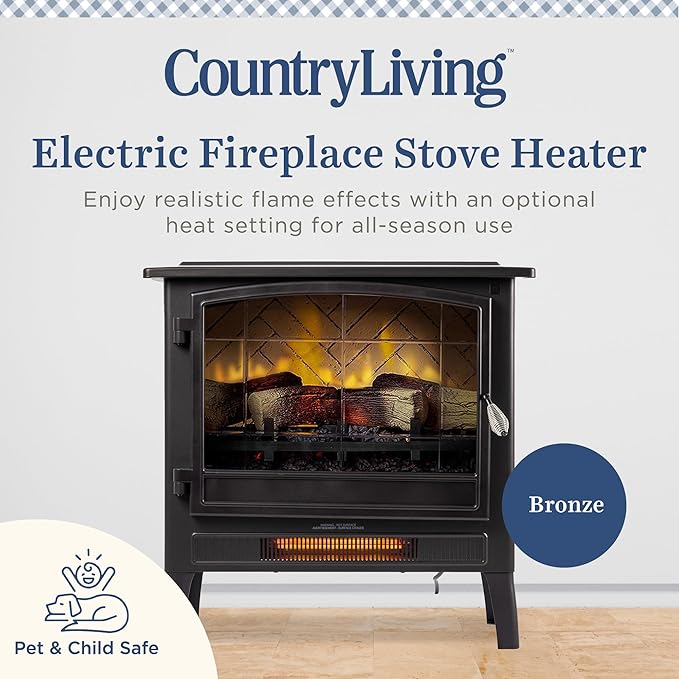 Country Living Infrared Freestanding Electric Fireplace Stove Heater in Bronze | Multiple Flame Colors, Metal Design with Faux Wooden Logs | Alexa/WiFi Enabled - Remote Included