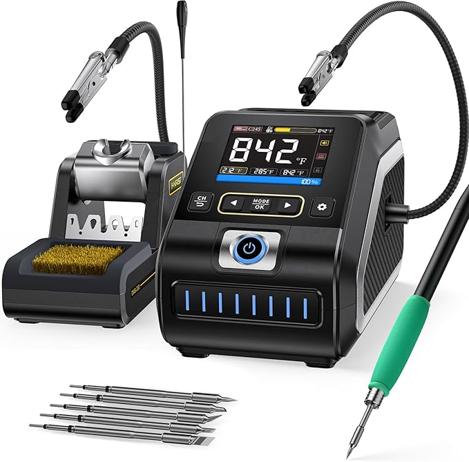 FNIRSI DWS-200 200W 245 Precision Digital Soldering Station Kit with 6 F245 Soldering Iron Tips and 2 Helping Hands, Temp Value & Curve Mode, 3 Temperature Storage, Full-Color Display