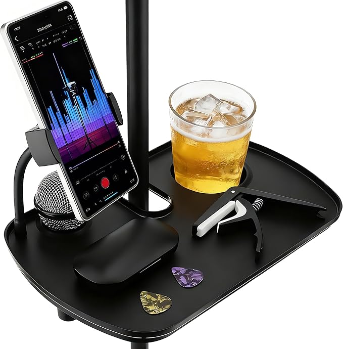 Microphone Stand Tray with Mic Phone Holder, 12.2" x 7.91" Large Shelf Adjustable Clamp On Rack Tray for Stage Music Stand Live Streaming Broadcast Audio Recording
