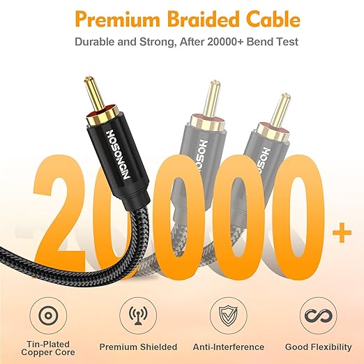 HOSONGIN RCA Y Splitter Cable, 6.6ft, 2 Pack, Gold-Plated, Noise-Free Durable Braided Audio Cable, 1 Male to 2 Male Adapter for Subwoofers, Amplifiers, TVs, Home Theater, Hi-Fi Systems