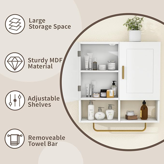 Wall Mounted Bathroom Storage Cabinet Medicine Cabinet with Adjustable Shelves & Towel Bar for Bathroom, Laundry Room, Bedroom, Enterway