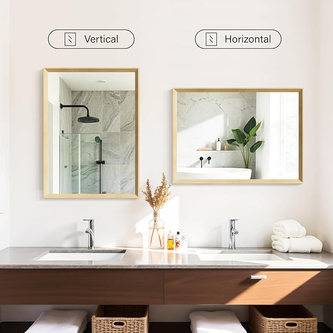 Oak Wood Effect Framed Wall Mirror, 22x30 Rectangle Mirror, Anti-desilvering Tempered Glass, Sustainable& Sturdy Frame, Anti-Rust, HD Reflection &3min Fast Setup for Bathroom Living Room