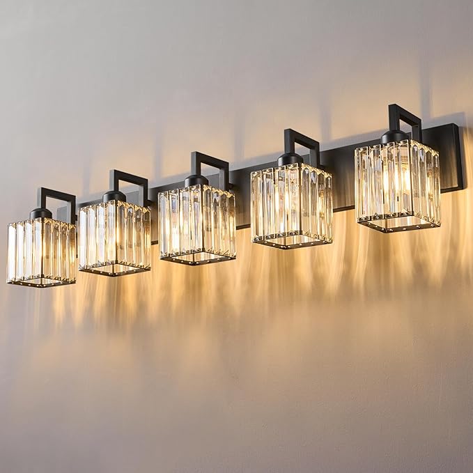 FDPBY Black Bathroom Light Fixture, 5-Light Crystal Vanity Lighting, Bathroom Lighting Fixtures Over Mirror, Modern Crystal Wall Lamp