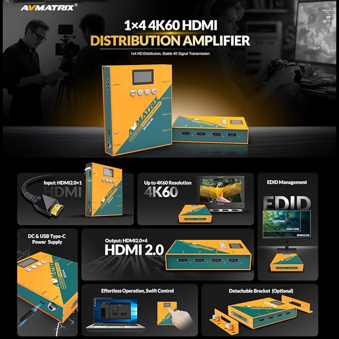 AVMATRIX SD1242-4K 1 in 4 Out Distribution HDMI Signal Splitter Converter with 4xHDMI Output,1xHDMI Input,Support Signals up to up to 4K 60hz