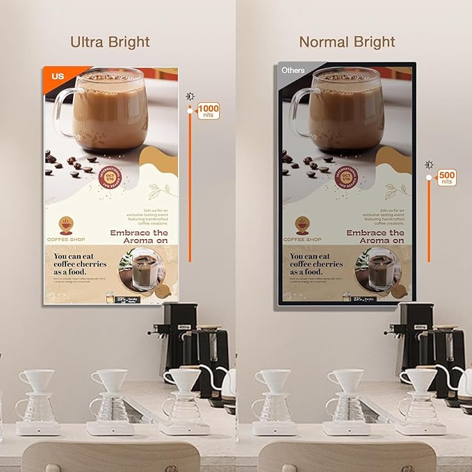 Canlarriz Digital Signage Display 50 inch Wall Mount Digital Menu Board for Restaurants and Stores Advertising Screen 1000 nits Ultra-High Brightness 4K UHD Free Web Content Editor Android 4GB + 32GB