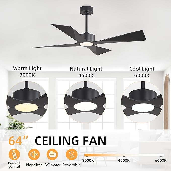 WINGBO 64" Wet Rated Outdoor Ceiling Fan with Lights, 4 ABS Plastic Blades, Reversible DC Motor, 6-Speed Remote Control, 3 CCT, Waterproof Ceiling Fan for Patio Porch Gazebo Garage, Matte Black