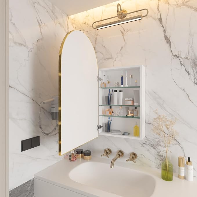 Gold Medicine Cabinet Mirror,Left or Right Opening,Arched Medicine Cabinet Mirror Wall Mounted,Bathroom Mirror with Storage, Adjustable Shelves, Not Recessed, 16x32 inch