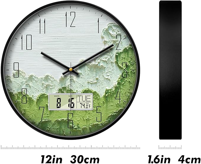 SCOAGE Modern Wall Clock with Temperature Green Forest Large Display Non-Ticking Battery Operated Clock with Date and Week for Kitchen Bedroom Living Room Farmhouse Decor 12 Inch