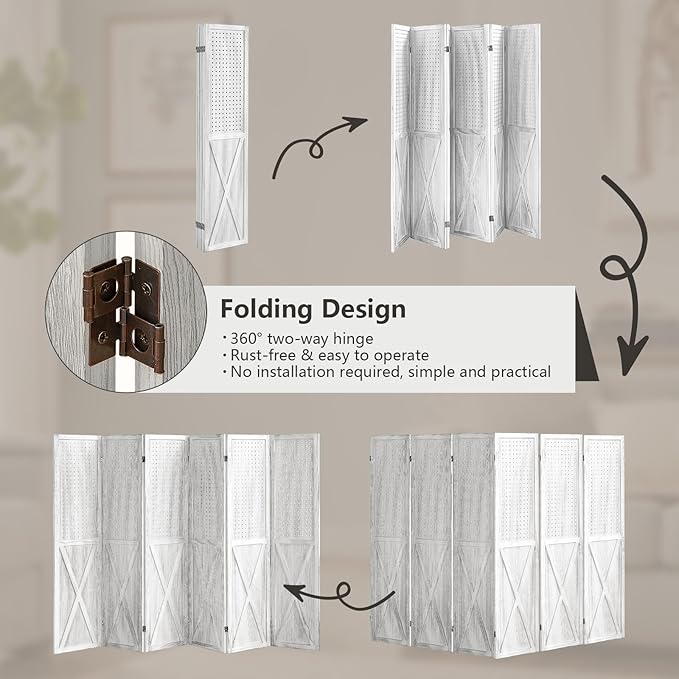 ALeesing 6 Panel Pegboard Room Divider, 5.6Ft Pegboard Display Folding Privacy Screens, Wood Room Divider Peg Board Display Freestanding for Trade Show Craft Show Home Wall Organizer, Retro White