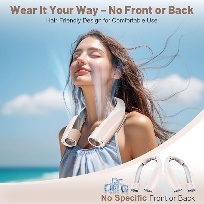 AI Portable Neck Fan with 6 Powerful Speeds, 8000mAh Battery Operated USB-C Rechargeable Fan, Hands-Free 360° Cooling Neck Fan,Twistable,Ultra-Quiet Personal Fan for Women Men Office Travel(Champagne)